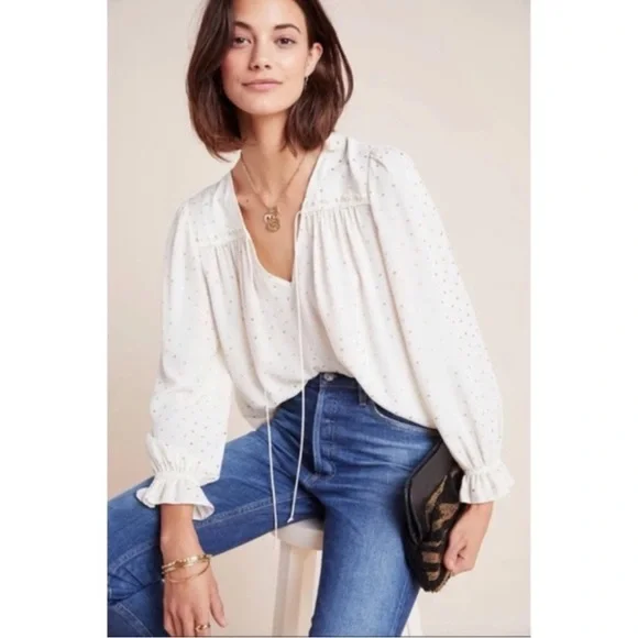 EUC Anthropologie Current Air Bristol Blouse Ivory Gold Boho Loose V-Neck Medium - Picture 7 of 10